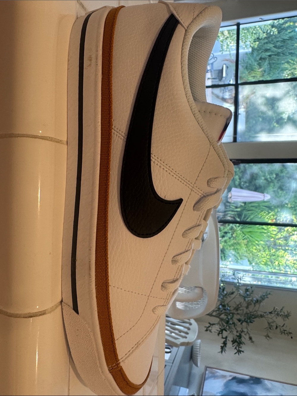 Nike Men’s White Sneakers with Black Swoosh and Brown Trim - Picture 2 of 5